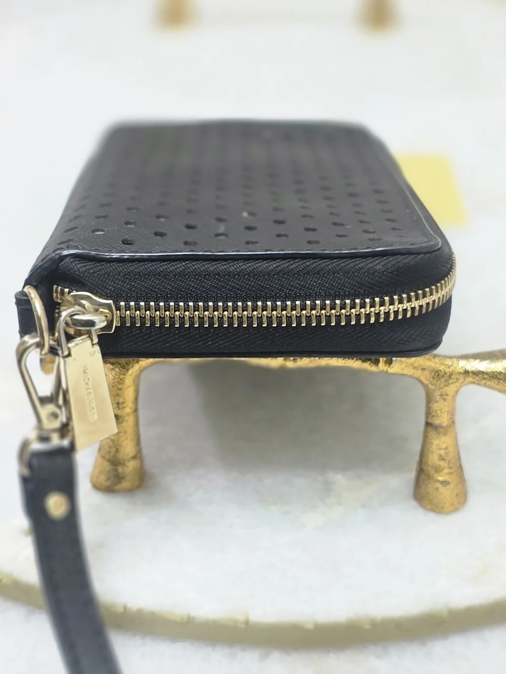 Michael Kors Jet Set Perforated Continental Wristlet Wallet Black Gold